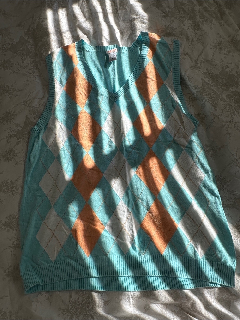 Izod Turquoise & Peach Argyle V-Neck Sweater Vest